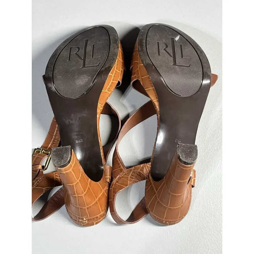 Lauren Ralph Lauren Serrata Platform Pumps Brown 9.5B Embossed Crocodile Strappy